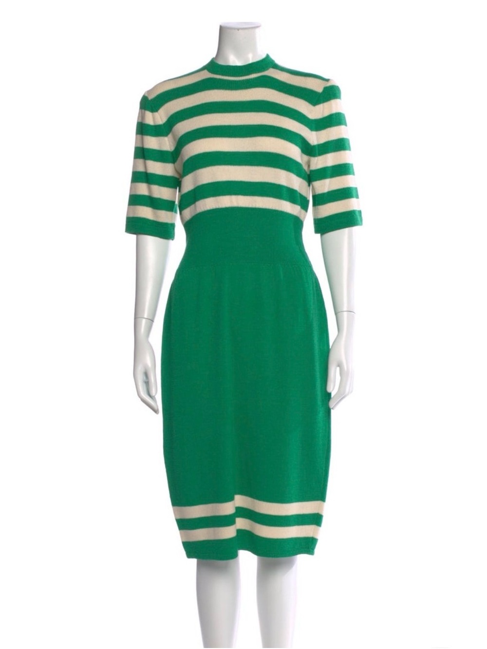 St. John Green Cream Striped Knit Midi Dress S Mock Neck